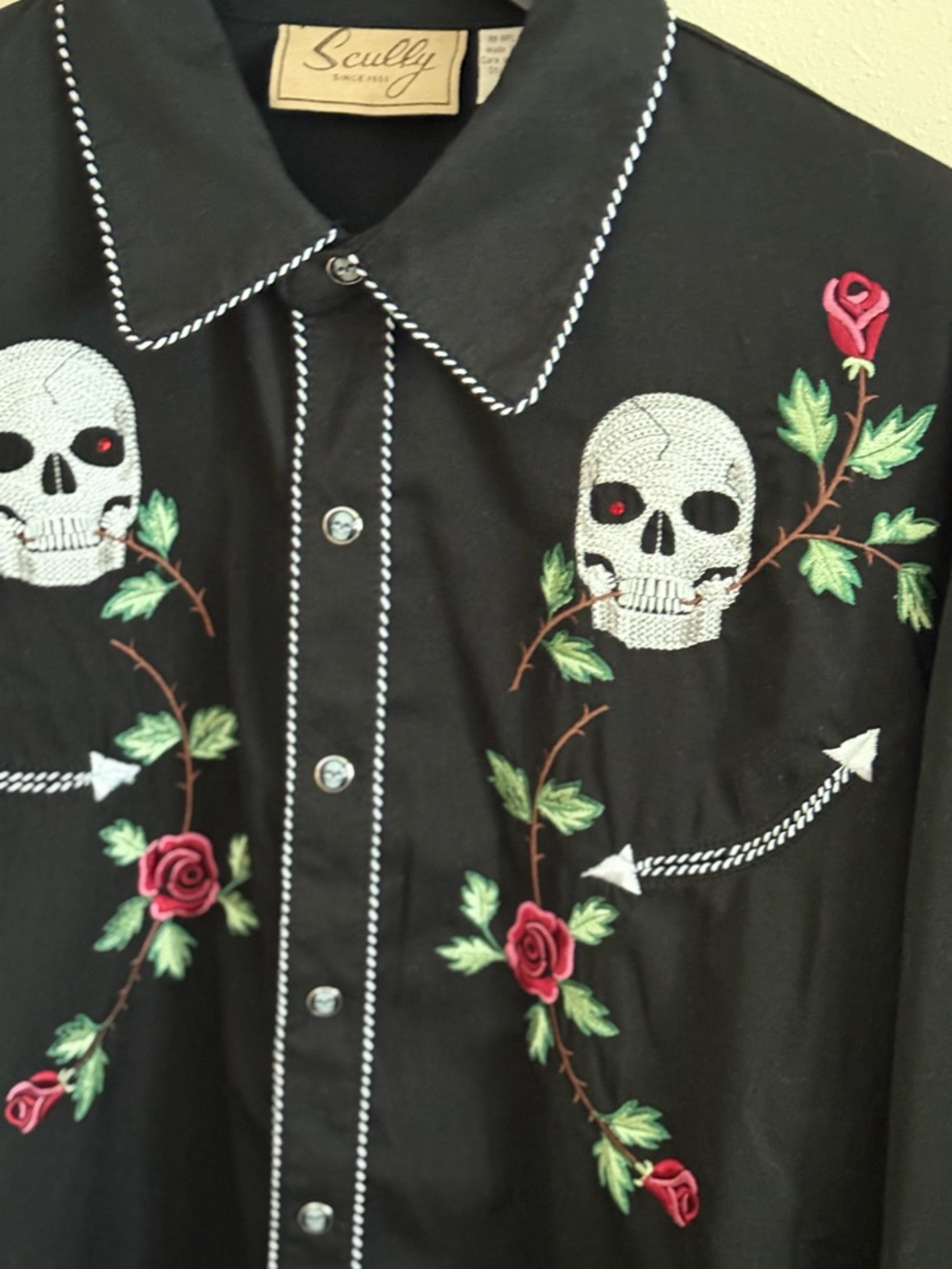 Scully Skull Embroidered Western Shirt Black Roses Oversized L - Picture 10 of 11